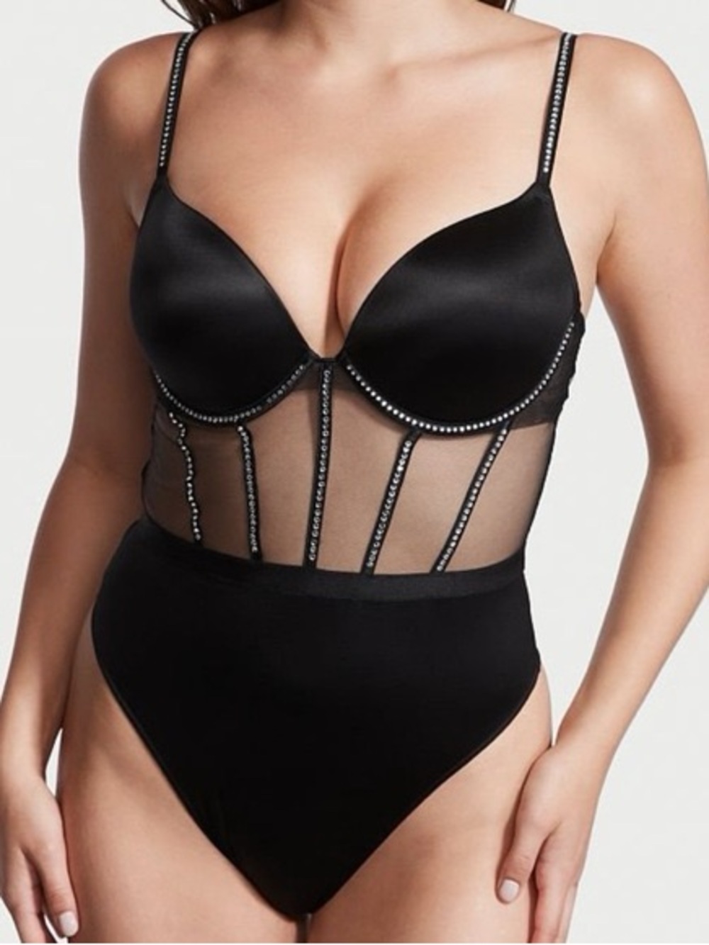 ‼️NWOT‼️Victorias Secret Very Sexy Black Rhinestone Trim Bustier Bodysuit XS